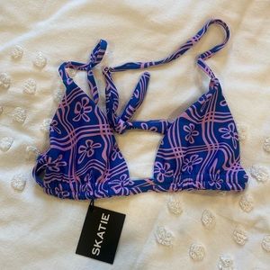 Skatie Blue and Pink Floral Plaid Triangle Bikini Top